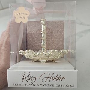 Floral Dish Ring Holder with Genuine Crystals - Gold